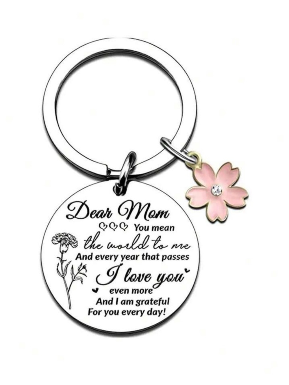🌺 New Dear Mom Engraved Keychain with Pink Flower Charm